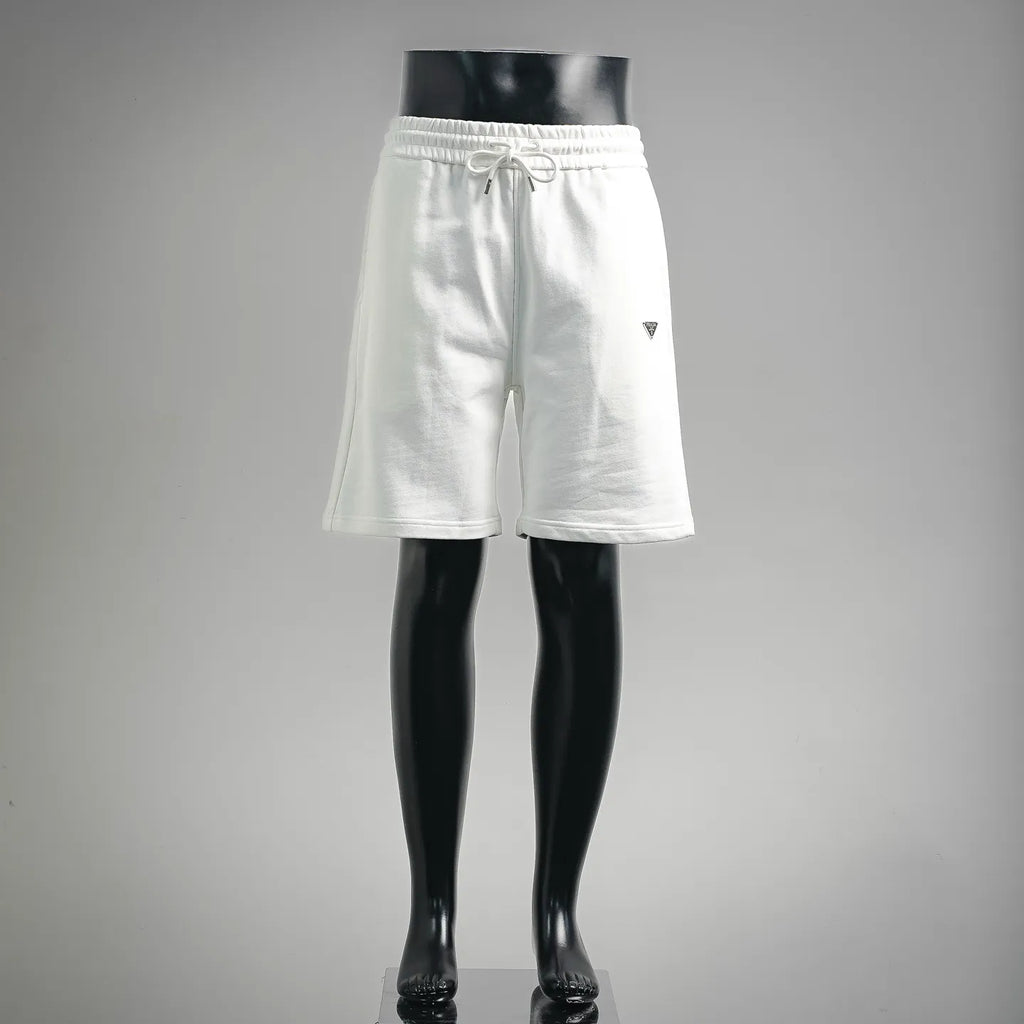 White drawstring shorts with elastic waistband and side pockets