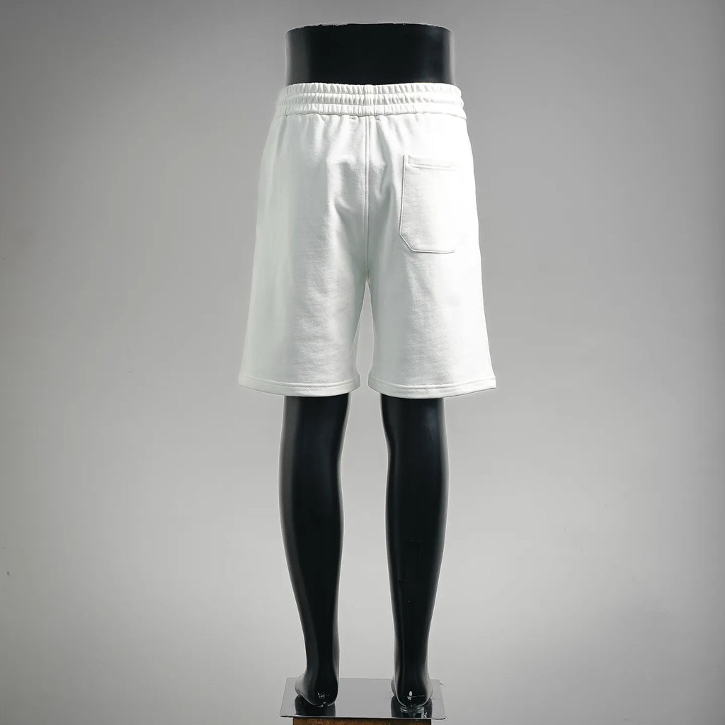 White drawstring shorts with elastic waistband and side pocket