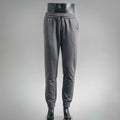 Dark gray drawstring jogger pants with elastic cuffs