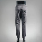 Dark gray jogger pants with back pocket and elastic cuffs