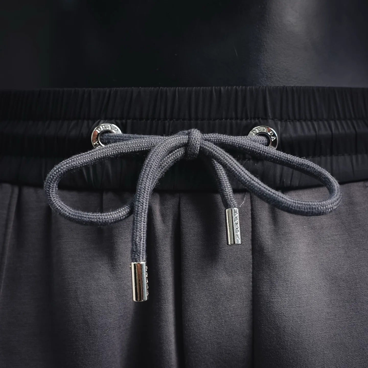 Prada dark gray pants drawstring with metal aglets and eyelets