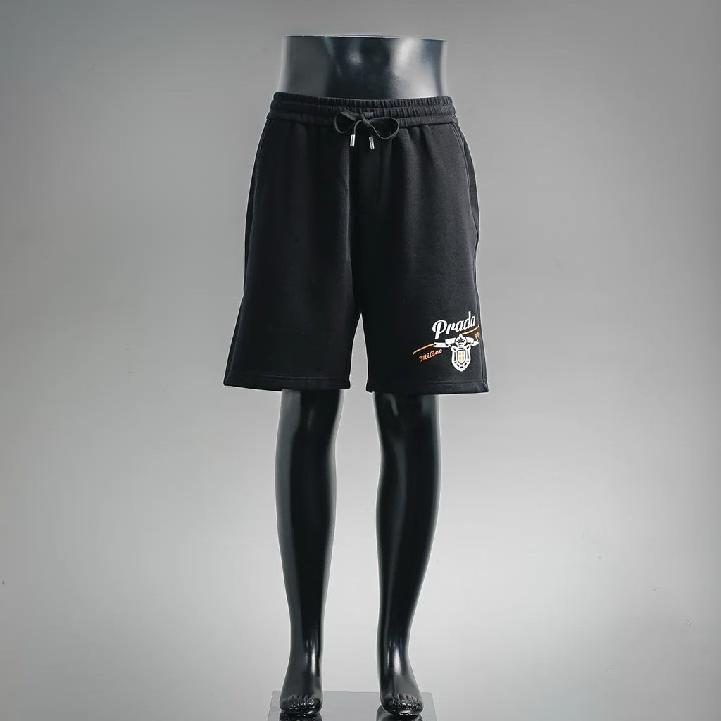 Prada black drawstring shorts with front logo patch