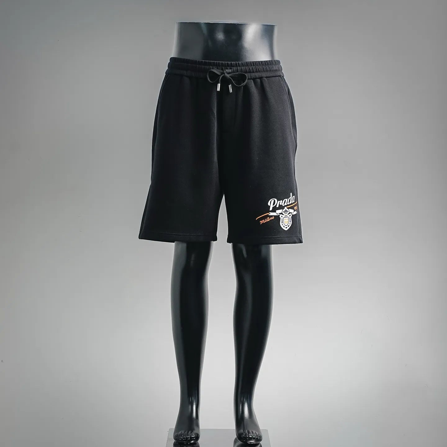 Prada black drawstring shorts with front logo patch