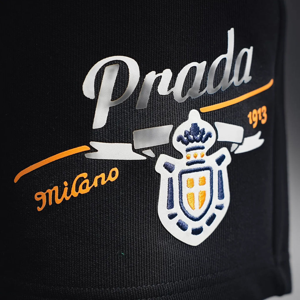 Prada logo graphic on black shorts