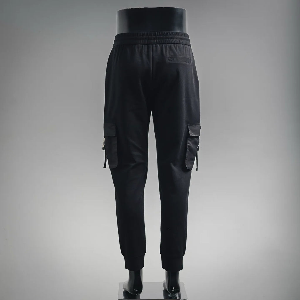 Black Prada cargo pants, back view, elastic cuffs and utility pocket details