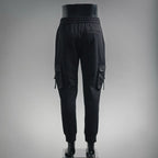 Black Prada cargo pants, back view, elastic cuffs and utility pocket details