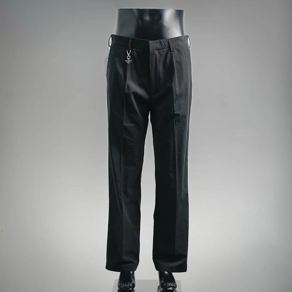 Black tailored pants with belt loops and front pleats