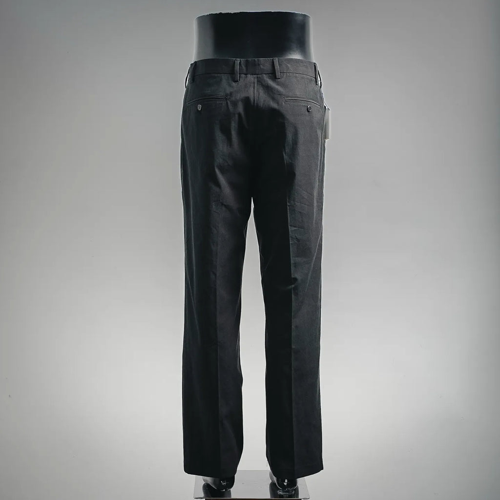 Black tailored pants back view with belt loops and stitched yoke