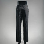 Black tailored pants back view with belt loops and stitched yoke