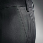 Black pant leg with side seam and stitched panel detail