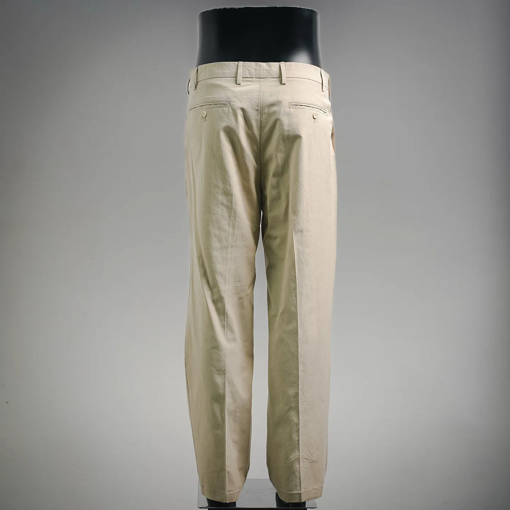 Beige Prada pants on mannequin, back view, belt loops and straight leg