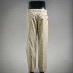 Beige Prada pants on mannequin, back view, belt loops and straight leg