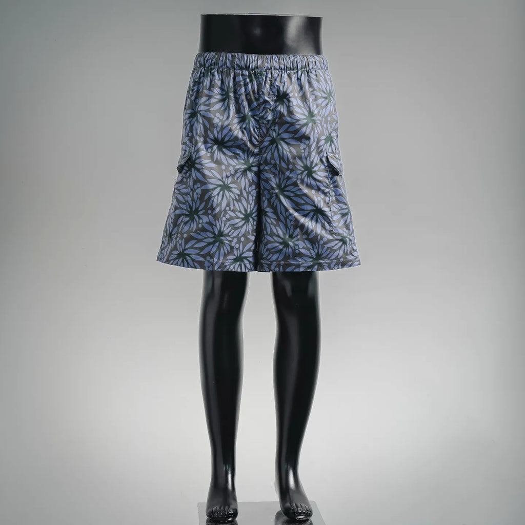 Prada blue floral print shorts with elastic waistband and side seams on mannequin