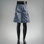 Prada blue floral print shorts with elastic waistband and side seams on mannequin
