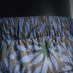 Prada blue floral print shorts waistband close-up with elastic stretch band