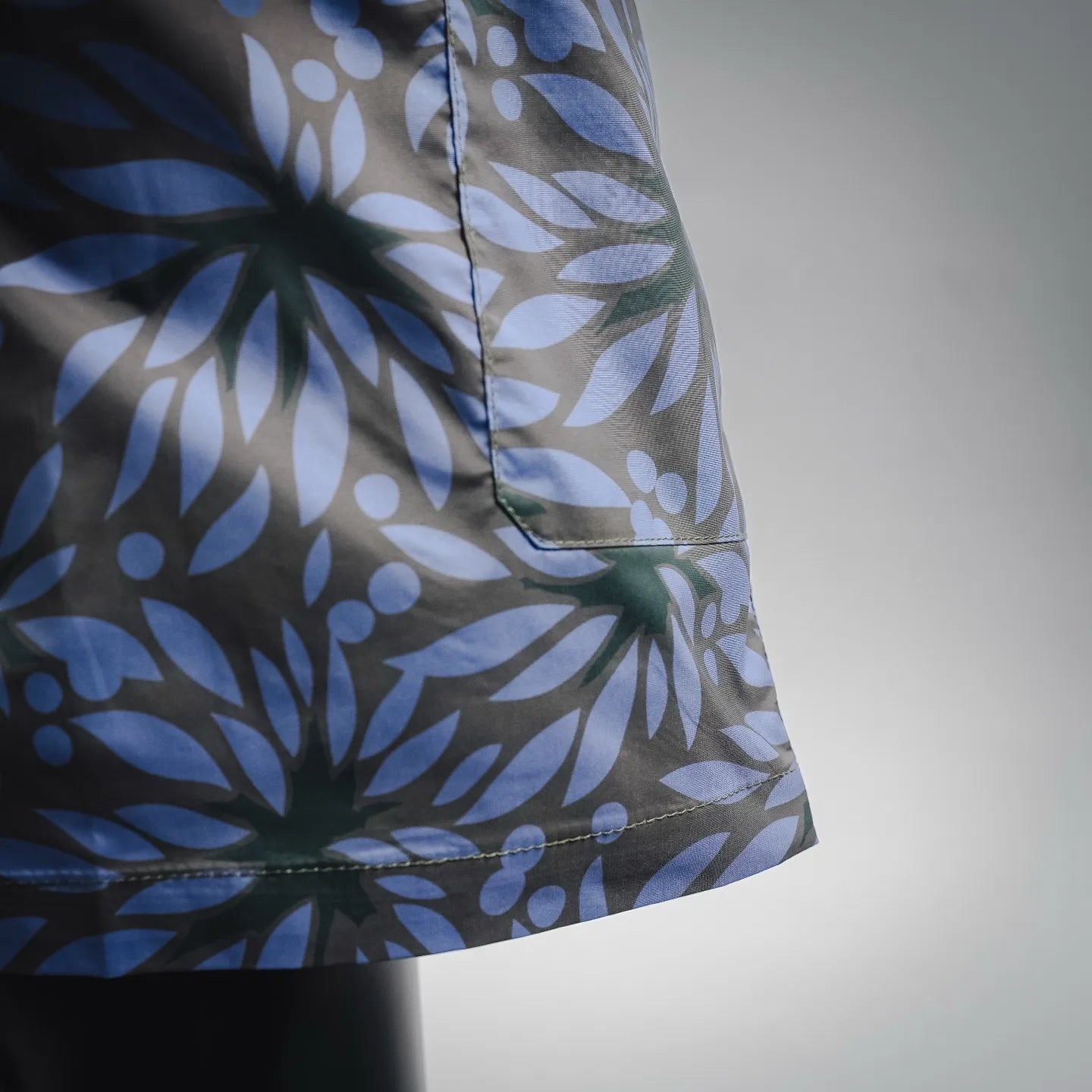 Prada blue floral print shorts back hem with straight stitched edge