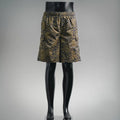 Prada shorts with elastic waistband, blue and tan leaf floral print
