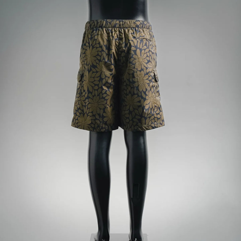 Prada shorts with elastic waistband, blue and tan floral leaf print