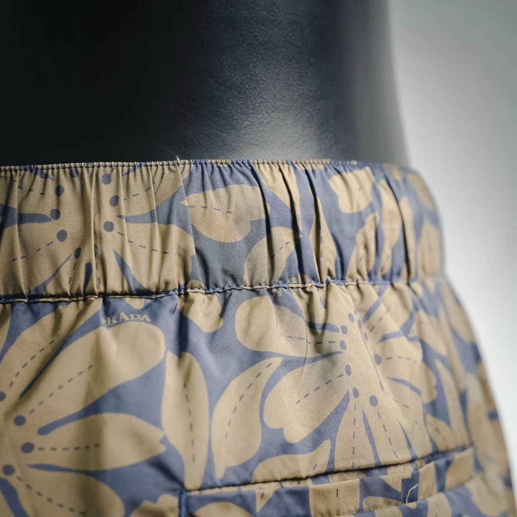 Prada shorts waistband with gathered elastic, blue and tan floral print