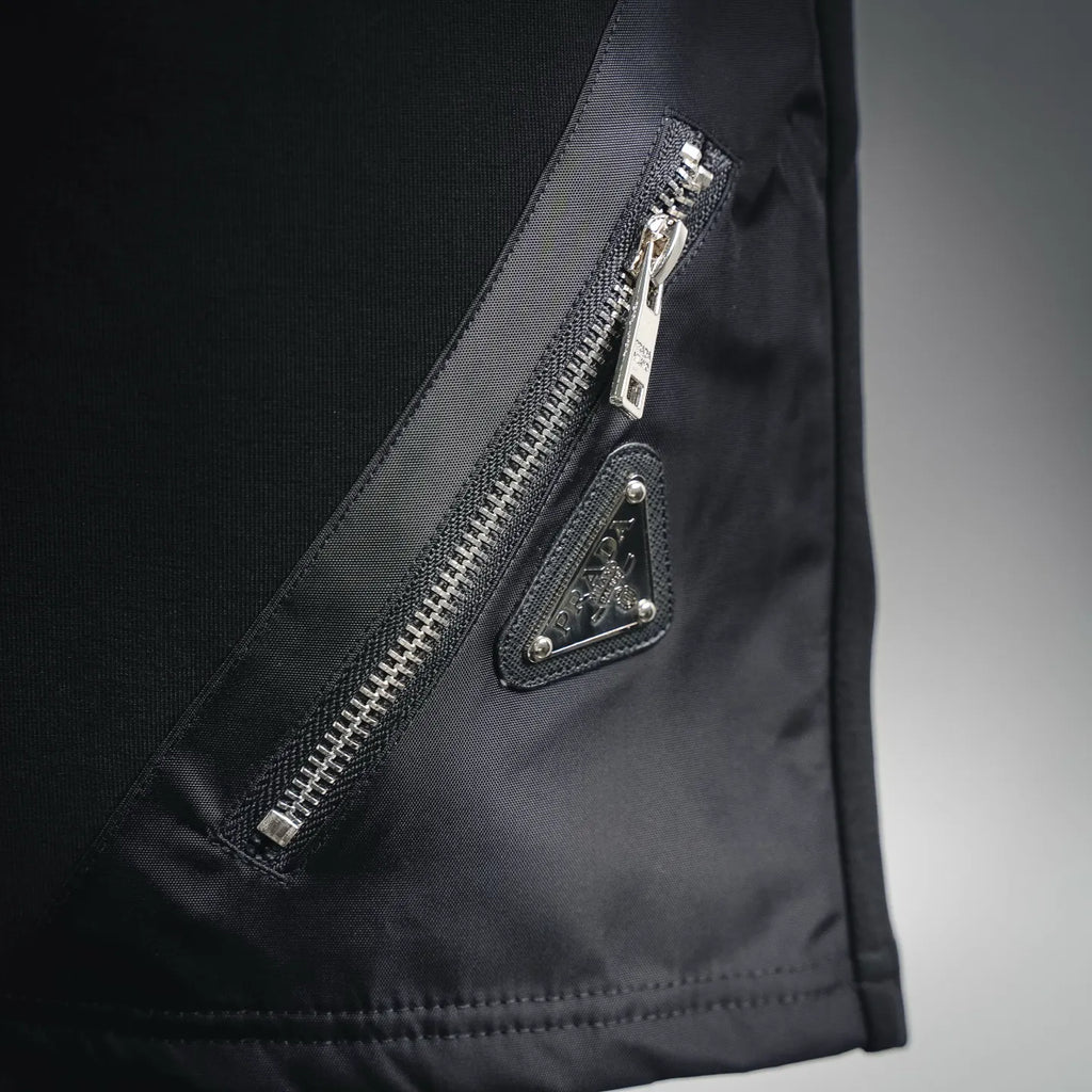 Prada black shorts side zipper pocket with triangle metal pull tab