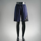 Navy drawstring shorts with elastic waistband and side logo detail