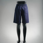 Navy knee-length shorts with elastic waistband and side pocket