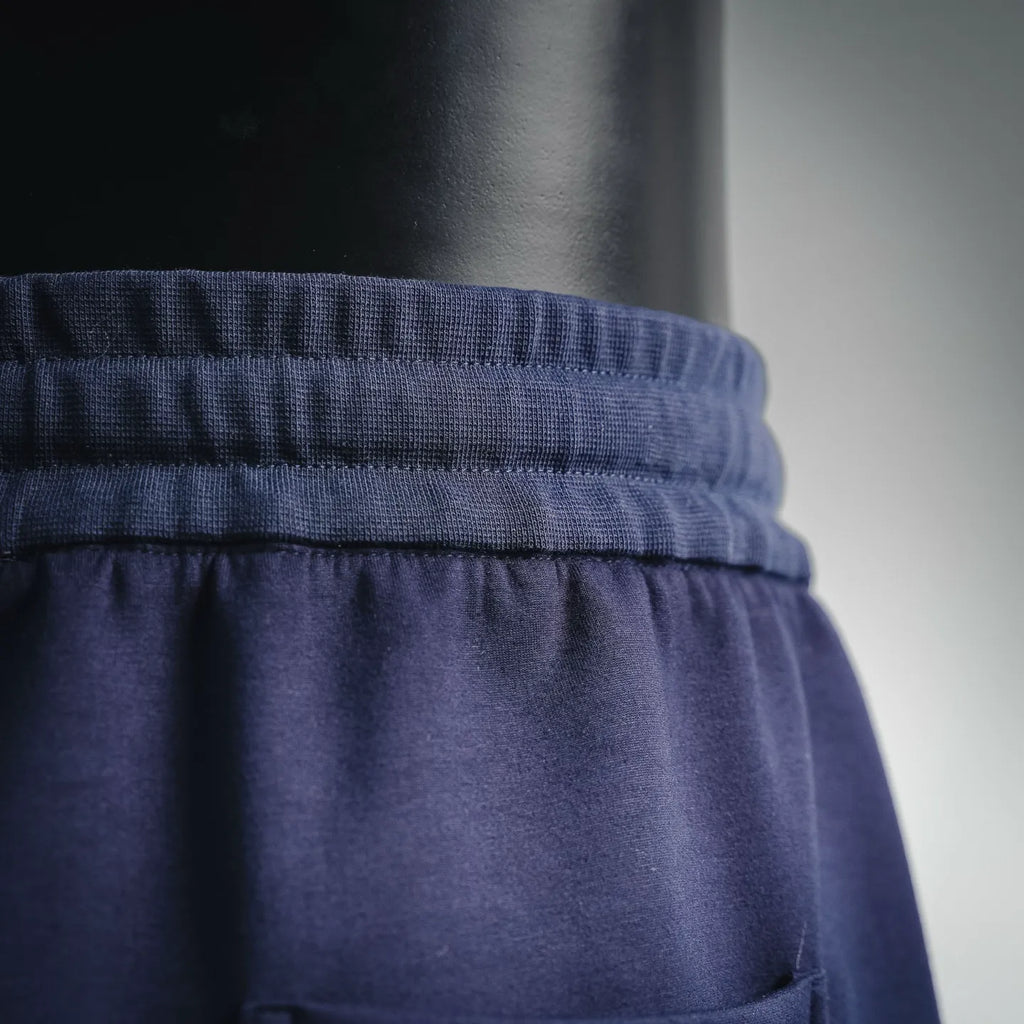 Navy shorts waistband with drawstring channel and gathered stitching