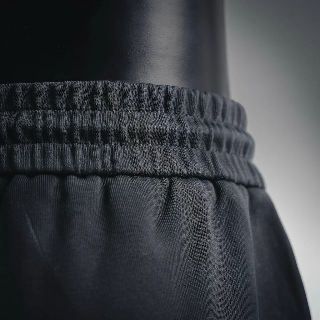 Black Prada shorts waistband with gathered elastic