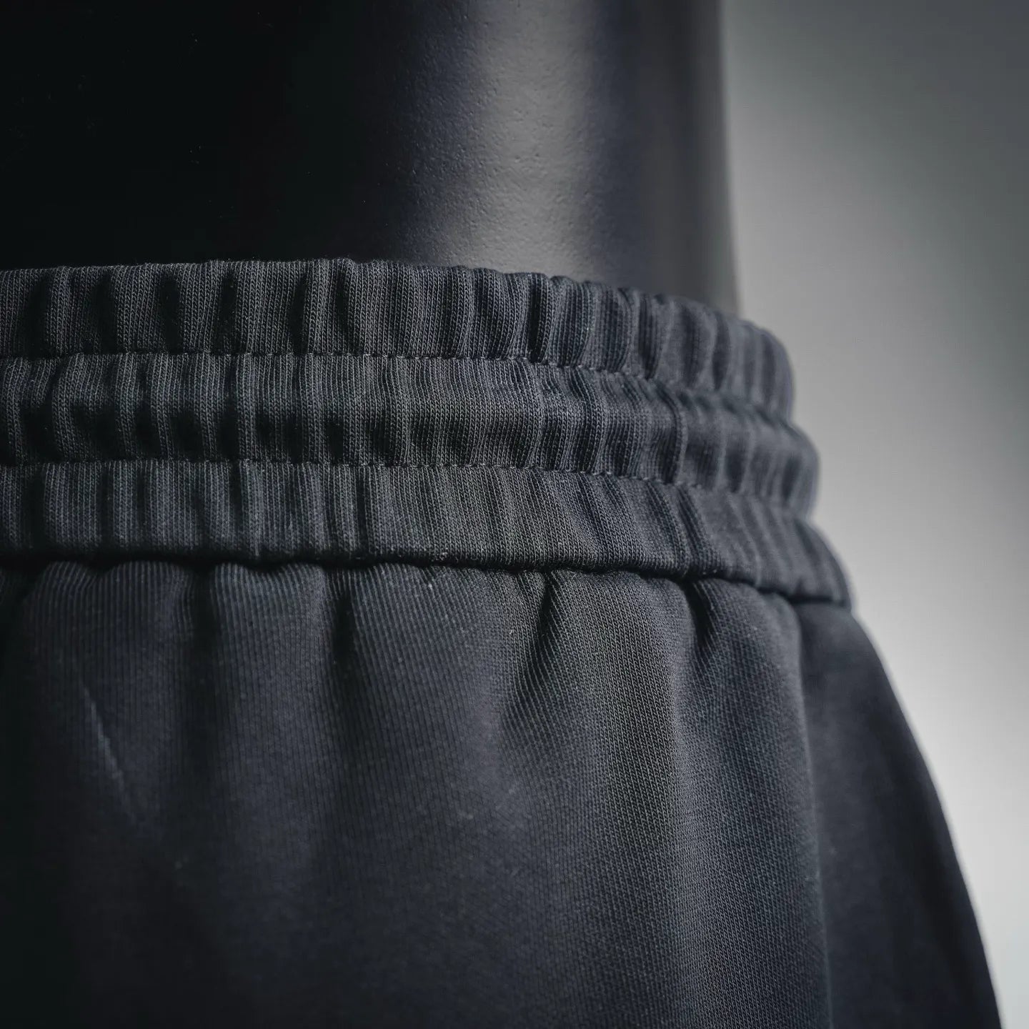 Black Prada shorts waistband with gathered elastic