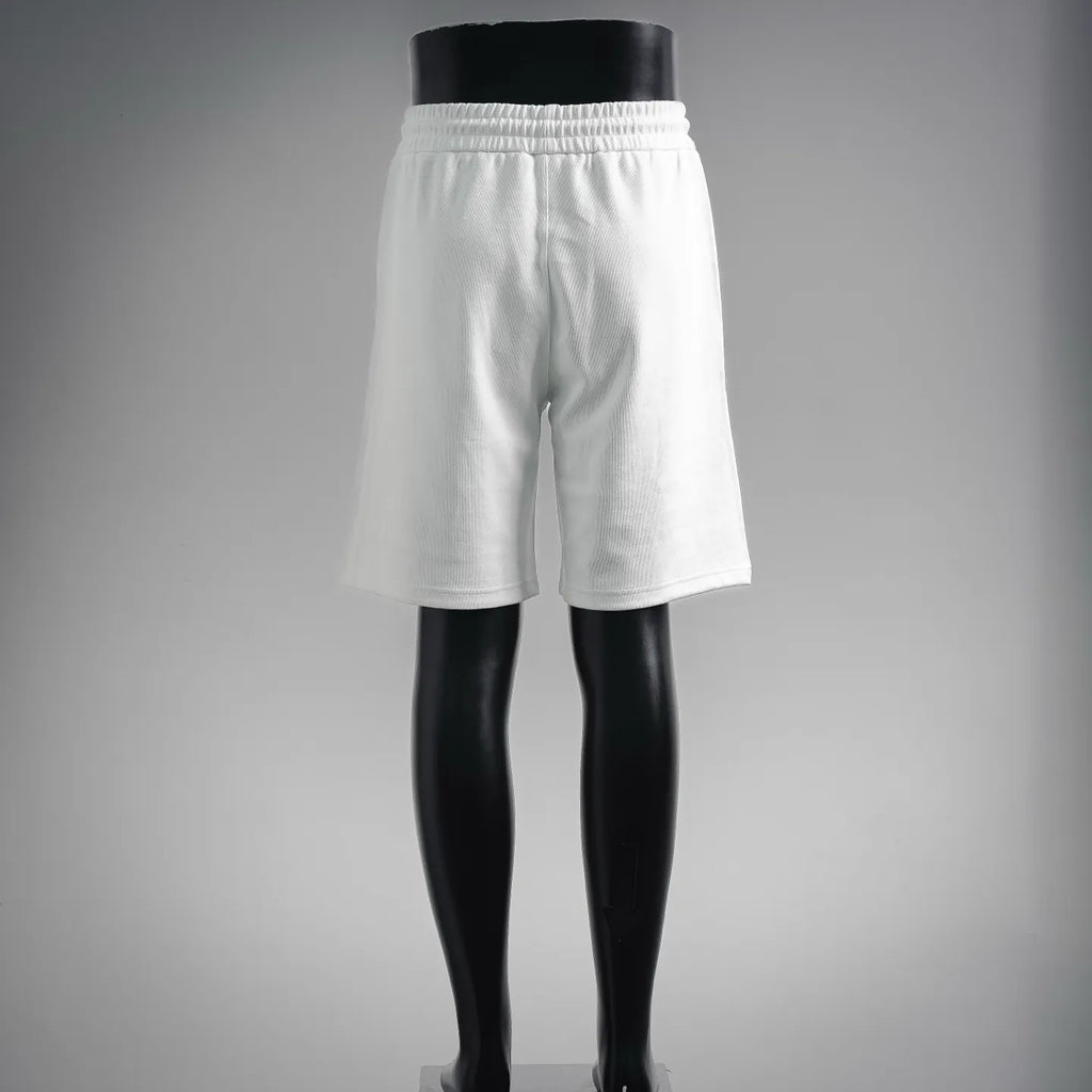 White drawstring shorts with elastic waistband, clean back view
