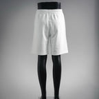 White drawstring shorts with elastic waistband, clean back view