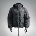 Black hooded zip-up jacket with Prada triangle logo at chest