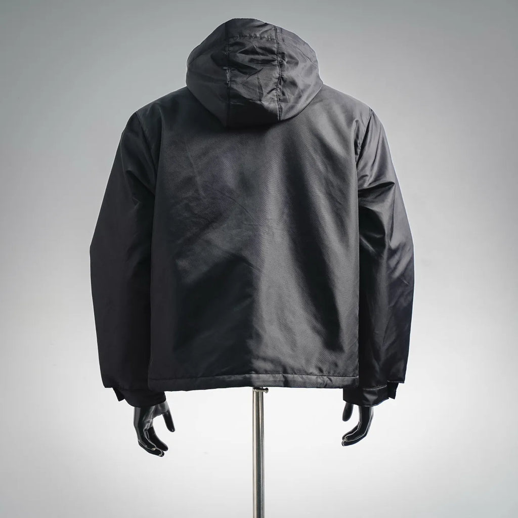 Black hooded zip-up jacket back view on mannequin