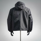 Black hooded zip-up jacket back view on mannequin