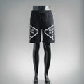 Black Prada logo shorts with elastic waistband and drawstring, front view