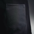 Black shorts front pocket with curved opening, stitched edge