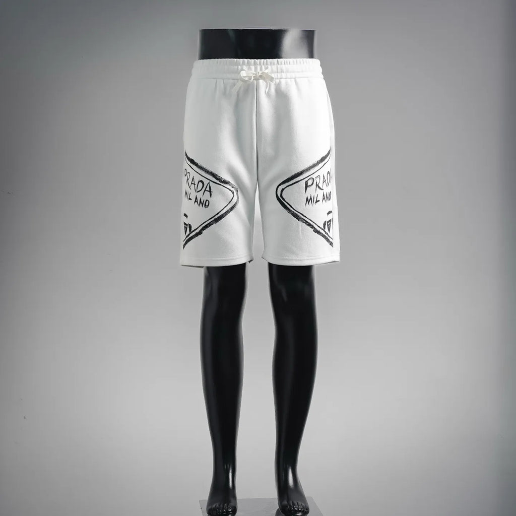 White Prada drawstring shorts with printed logo on front pockets