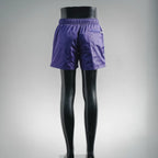 Prada purple nylon shorts, back view, elastic waistband and relaxed cut
