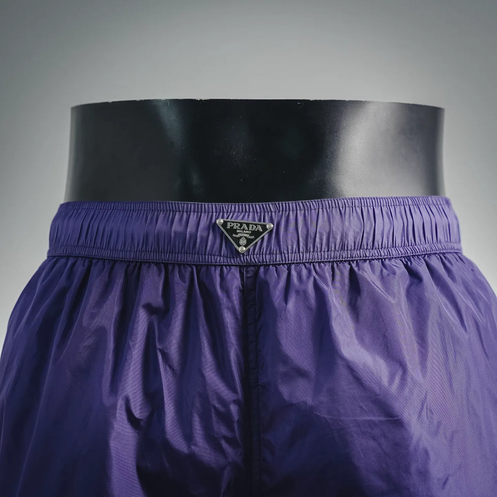 Prada purple nylon shorts waistband with center logo badge