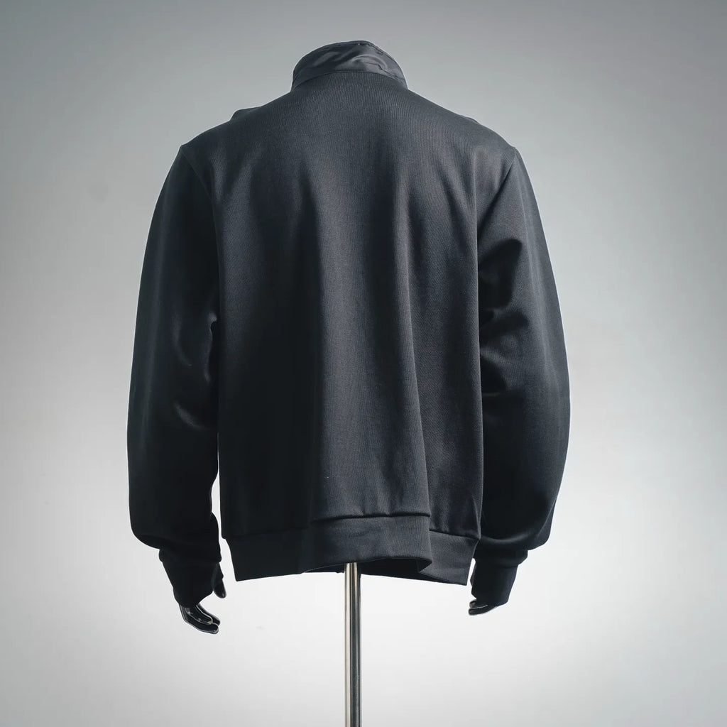 Prada dark zip-up jacket, back view with stand collar