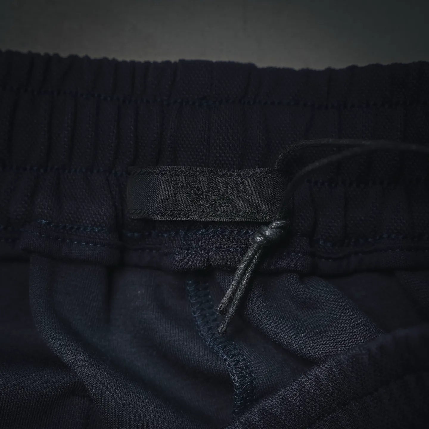 Dark shorts waistband and drawstring at front with elastic seam detail