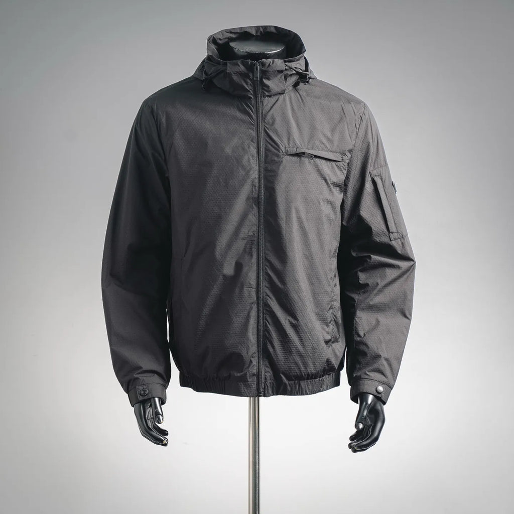 Black hooded jacket with full front zipper and front pocket on mannequin