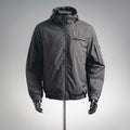 Black hooded jacket with full front zipper and front pocket on mannequin
