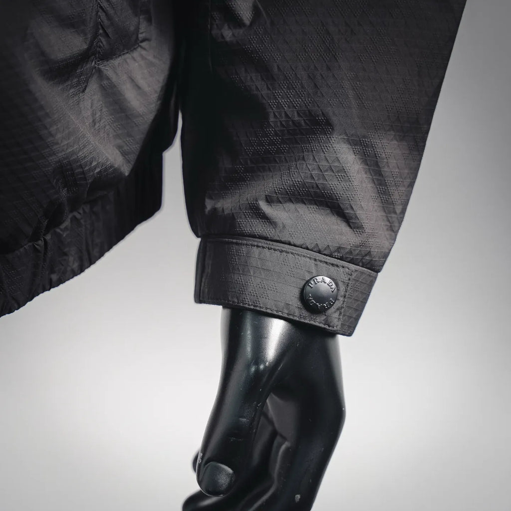 Black jacket sleeve cuff with snap button on mannequin