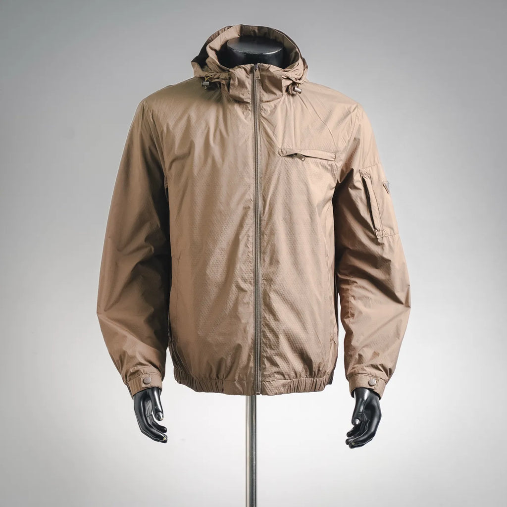 Prada tan hooded jacket with front zip and stand collar