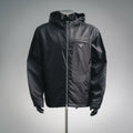 Black hooded zip jacket with PRADA triangle logo patch on the chest