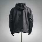 Black hooded zip jacket with full back view and curved hem detail