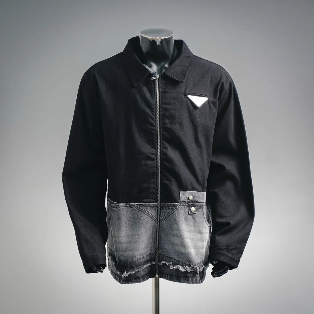 Black zip jacket with denim front panel and chest flap pocket