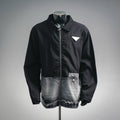 Black zip jacket with denim front panel and chest flap pocket