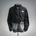 Black zip jacket with denim front panel and chest flap pocket
